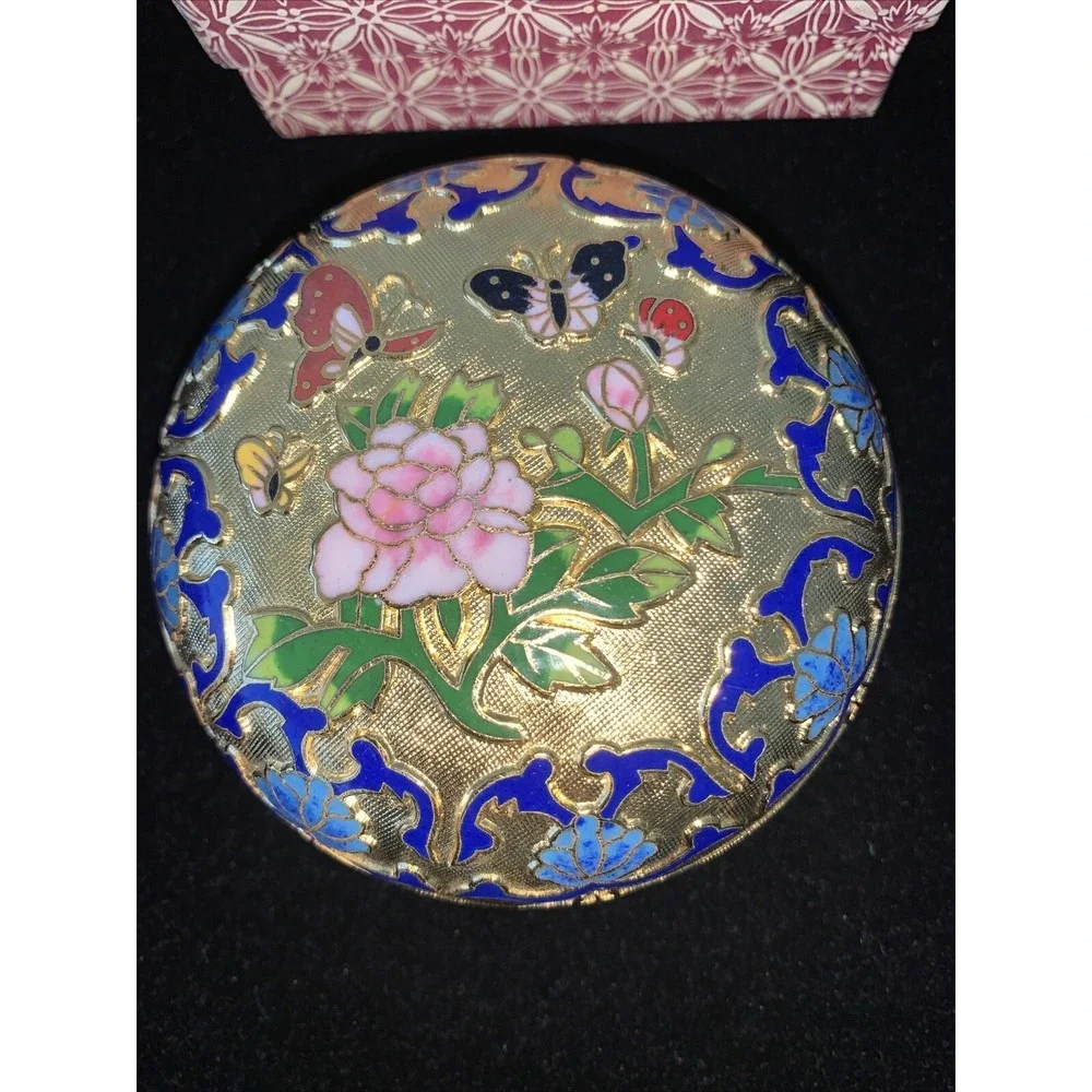 VINTAGE‎ CLOISONNE ENAMEL TRINKET BOX Rose And Butterfly Lilly 3 1/4